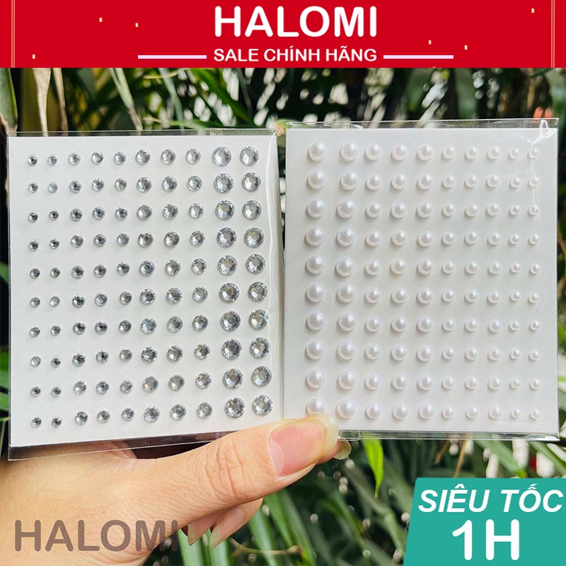 Đá đính tóc mặt có sẵn keo dán gồm 100 viên, đá dán makeup, đá đính mặt hóa trang HALOMI