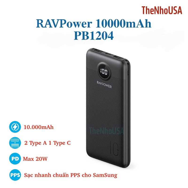 Pin sạc dự phòng ravpower pd pioneer 20w 10000mah rp - pb1204 3 cổng hỗ trợ pd pps qc