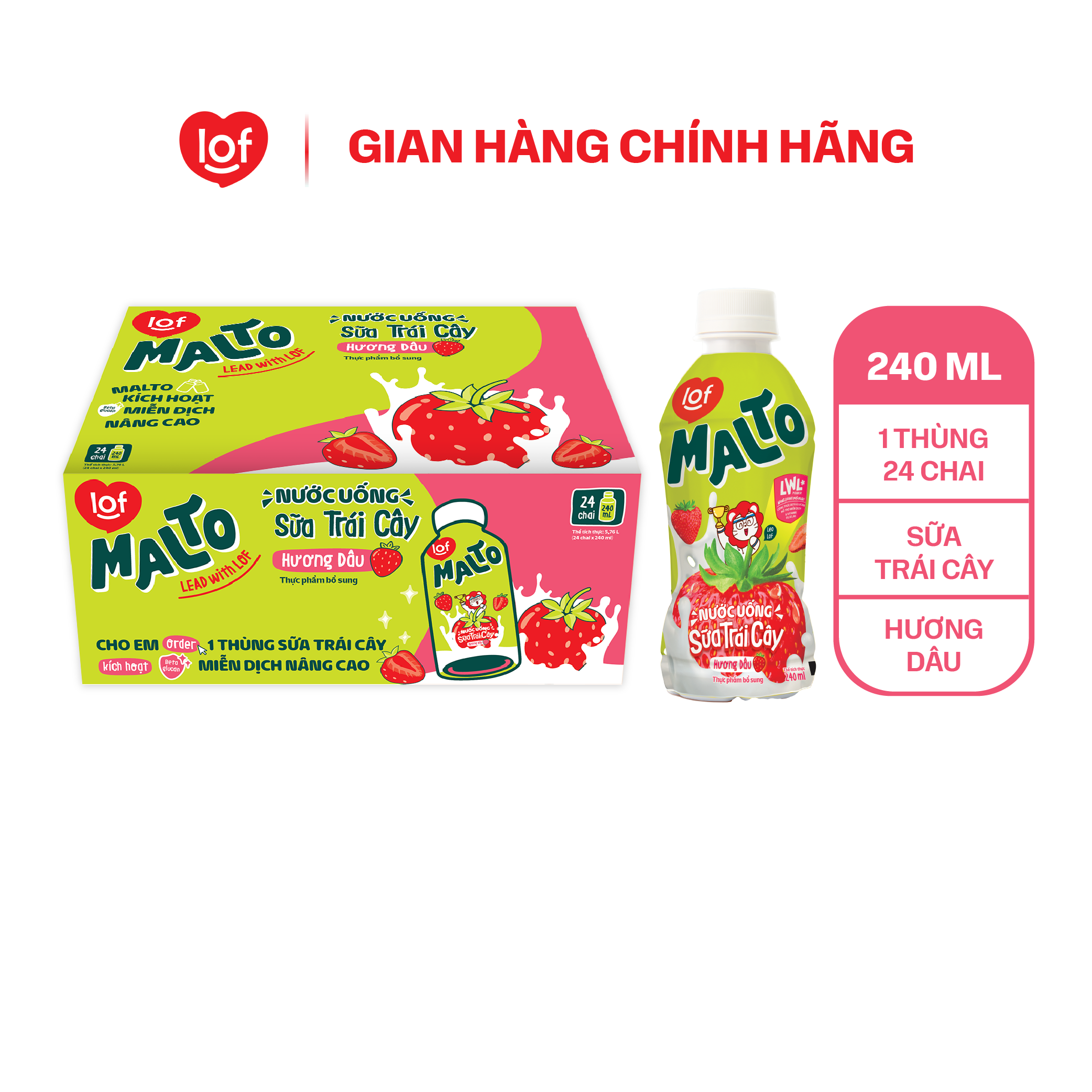 Sữa trái cây lof malto vị dâu thùng 24 chai x 240ml