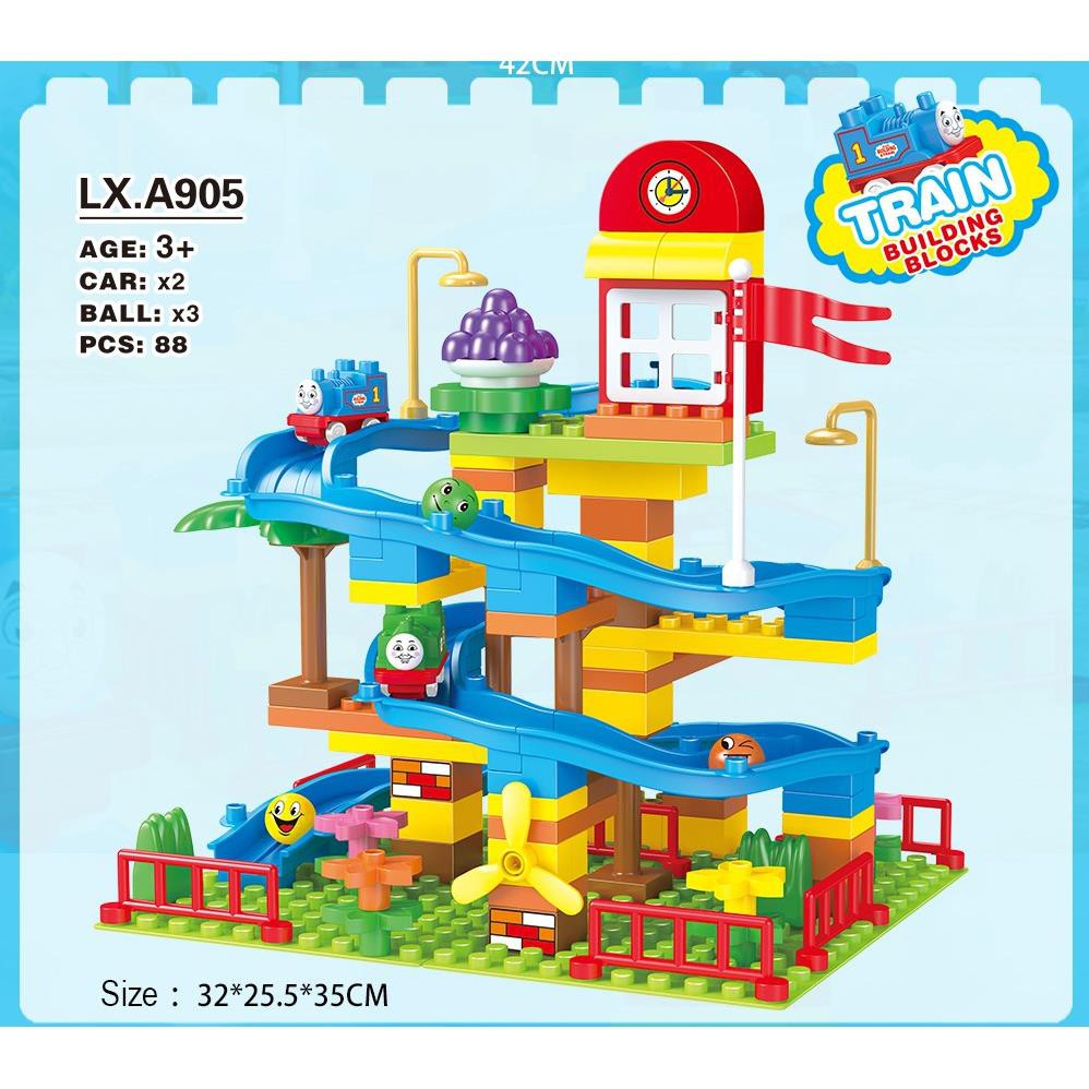 Lego tàu thomas, ghép hình đoàn tàu, xếp hình tàu hỏa. tàu trượt, công viên, 88 miếng ghép lớn.
