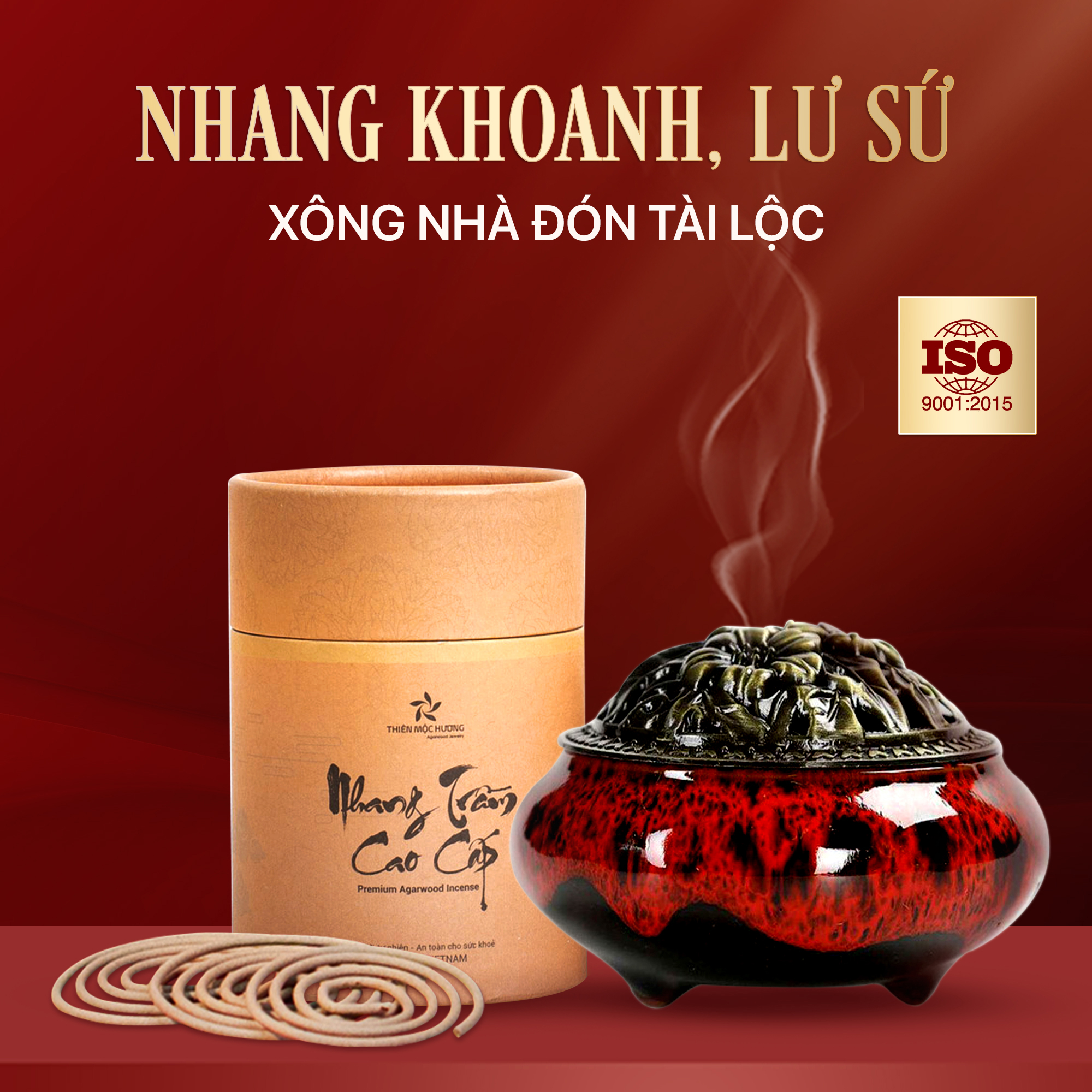 Combo nhang khoanh trầm hương Thiên Mộc Hương loại 12 năm hộp 40 khoanh, kèm 1 lư đốt trầm, thơm nhà, đón tài lộc