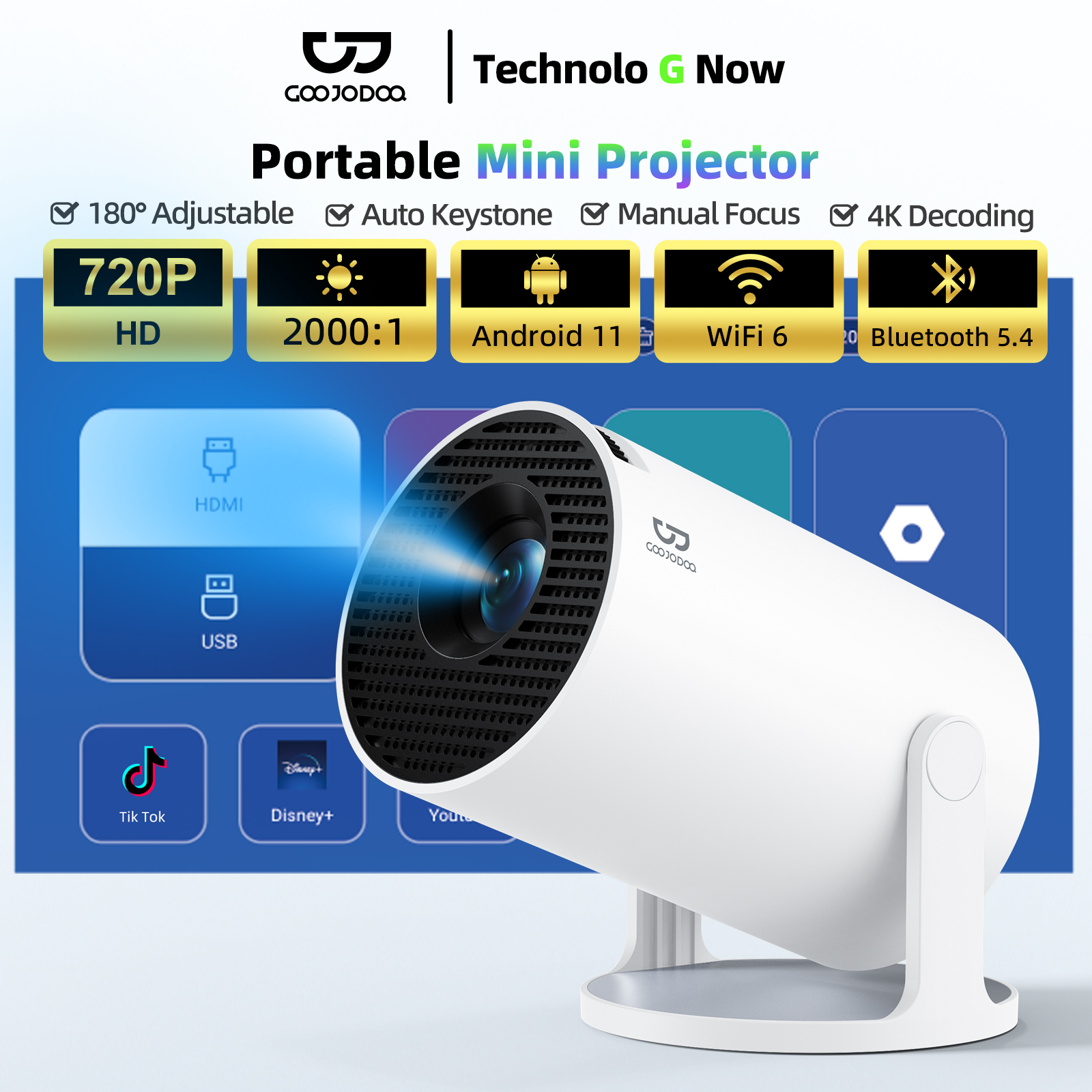 Máy chiếu mini cầm tay GOOJODOQ 4K Android 11 Dual 250 ANSI Bluetooth 5.2 Full HD 1080P 1280*720P