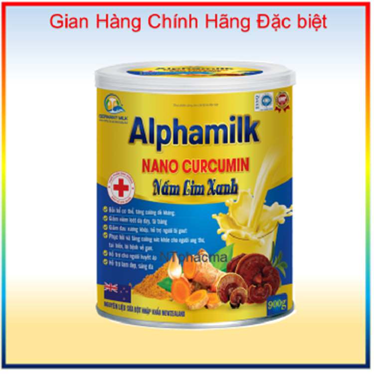 Sữa bột Alphamilk NaNo Curcumin Nấm Lim Xanh, tăng cường sức đề kháng, giảm viêm dạ dày, xương khớp, gout, ung thư , tai biến, gan, huyết áp, làm đẹp da, NTPhacma - Hộp 900g