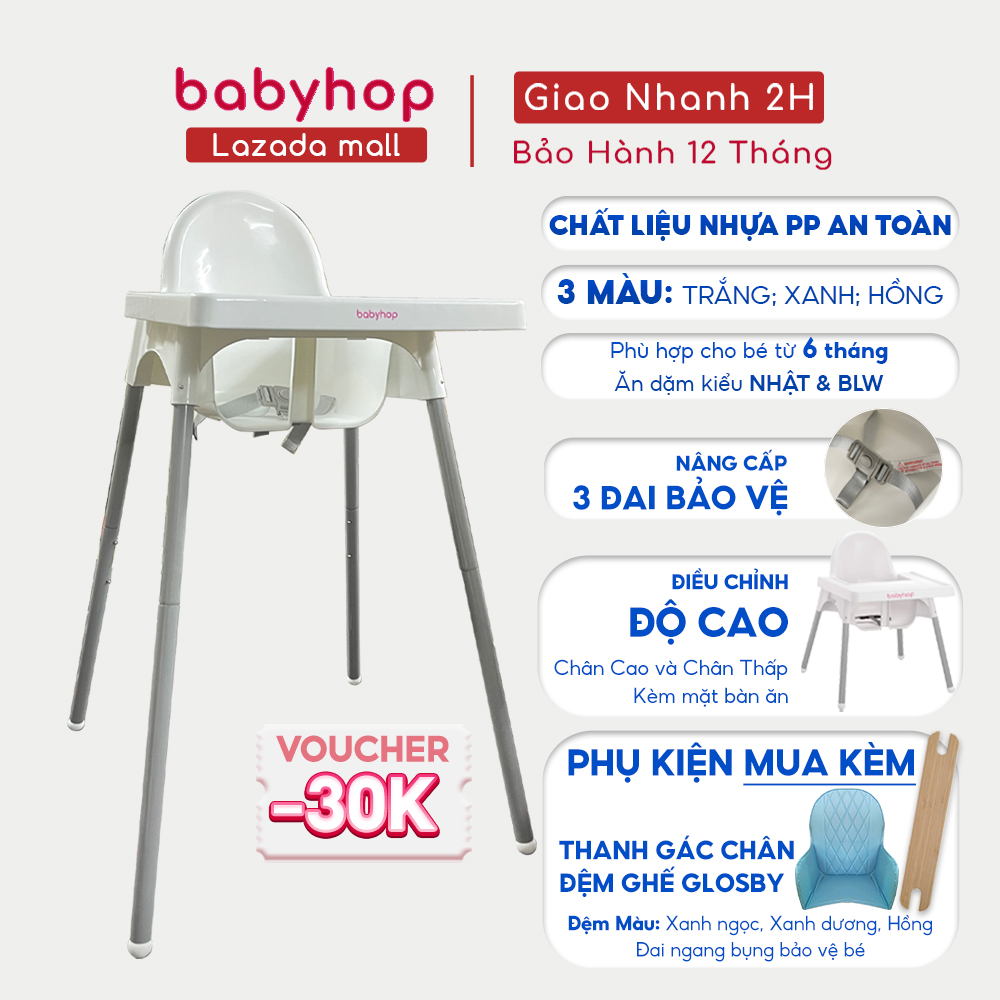 Ghế ăn dặm, bàn ăn cho bé Babyhop kèm mặt bàn, điều chỉnh 2 nấc, 3 dây đai an toàn sử dụng cho trẻ em từ 6 tháng->3 tuổi