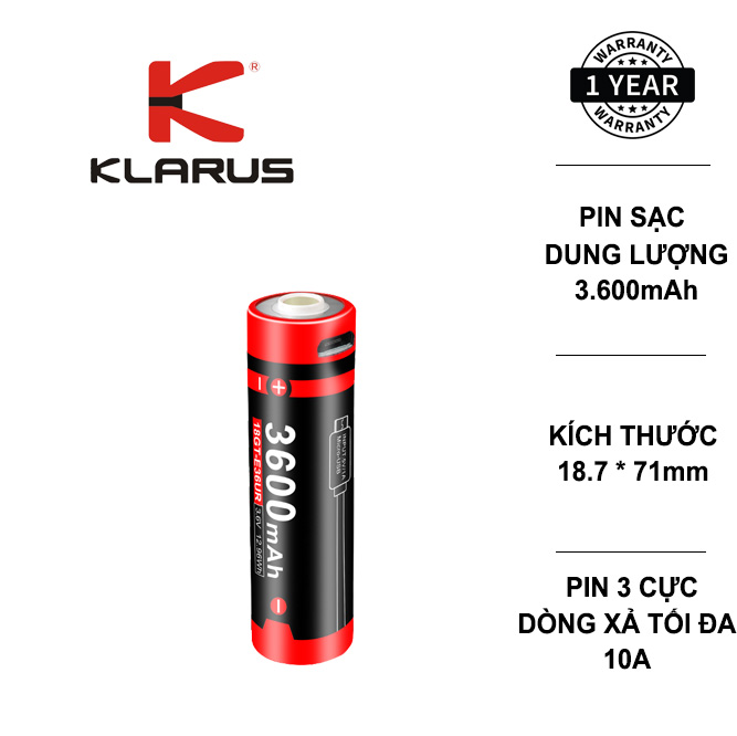 Pin sạc klarus 18gt-e36ur dung lương 3600mah, điện áp 3,6v tích hợp sạc usb trên thân pin