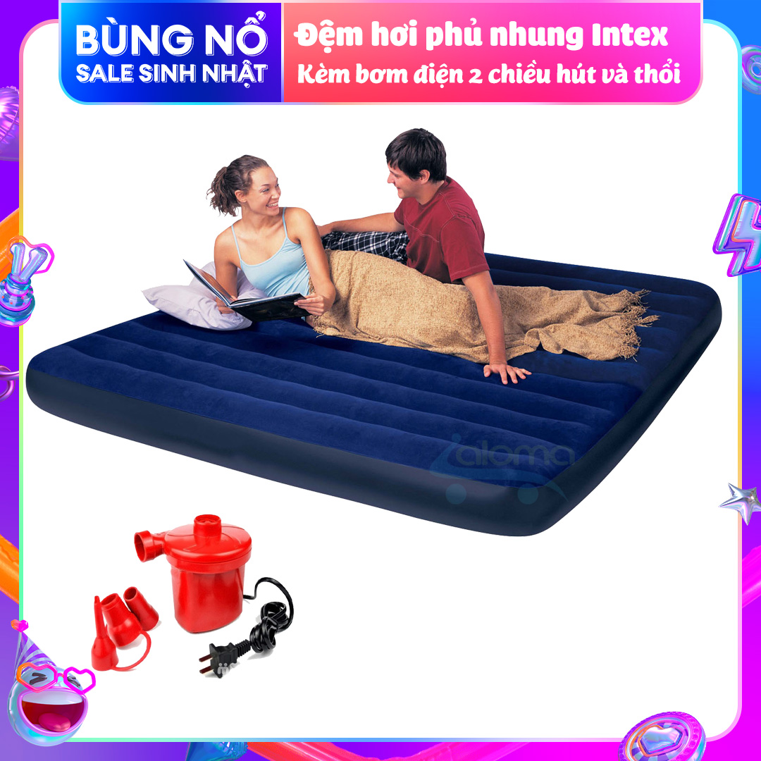 Đệm hơi cao su phủ nhung gấp gọn Intex tặng bơm điện cao cấp thư giãn êm ái chống đau lưng - Nệm cao su bơm hơi mát mùa hè ấm mùa đông có thể gấp gọn