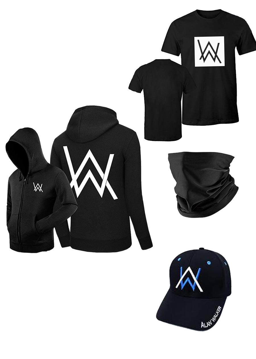Combo Alan Walker áo khoác, áo thun, nón, khăn bịt mặt đen trơn