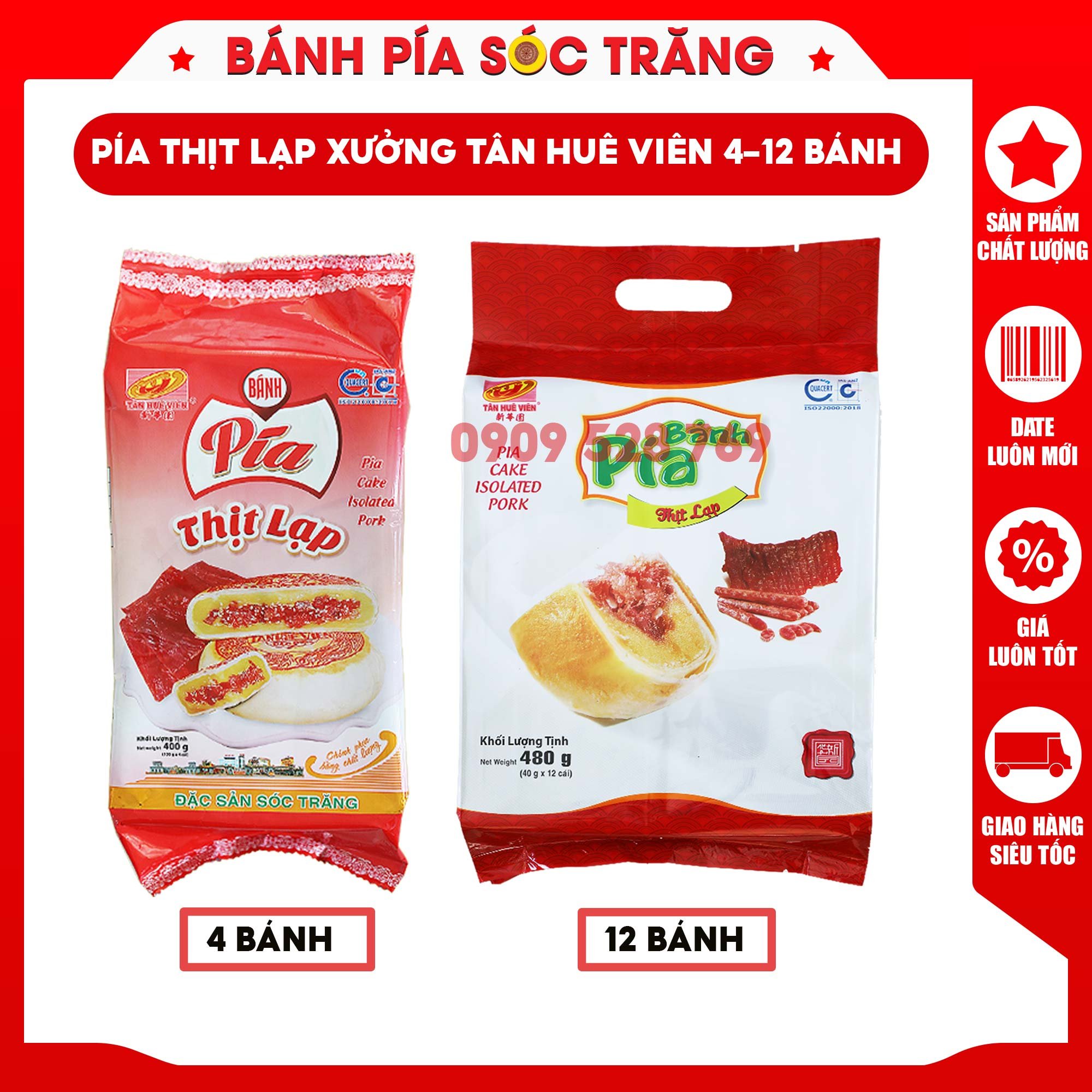 Bánh pía thịt lạp xưởng 4 bánh to ,Bánh pía thịt lạp nhân mặn 12 bánh mini nhỏ 480g Tân Huê Viên, Bánh pía mặn không trứng muối,Đặc sản Sóc Trăng