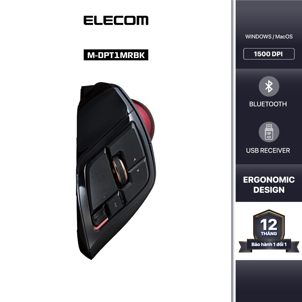 Chuột bi không dây elecom m-dpt1mrbk - trackball, game, bluetooth, 1500 dpi