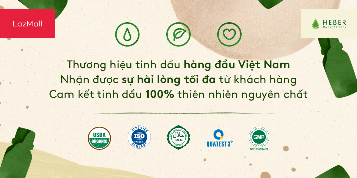 Tinh Dầu Thơm Phòng Heber Vietnam, Cao Cấp Nhập Khẩu, 100% Thiên Nhiên Nguyên Chất, Kiểm Nghiệm Quatest 3, Hương Dịu Nhẹ