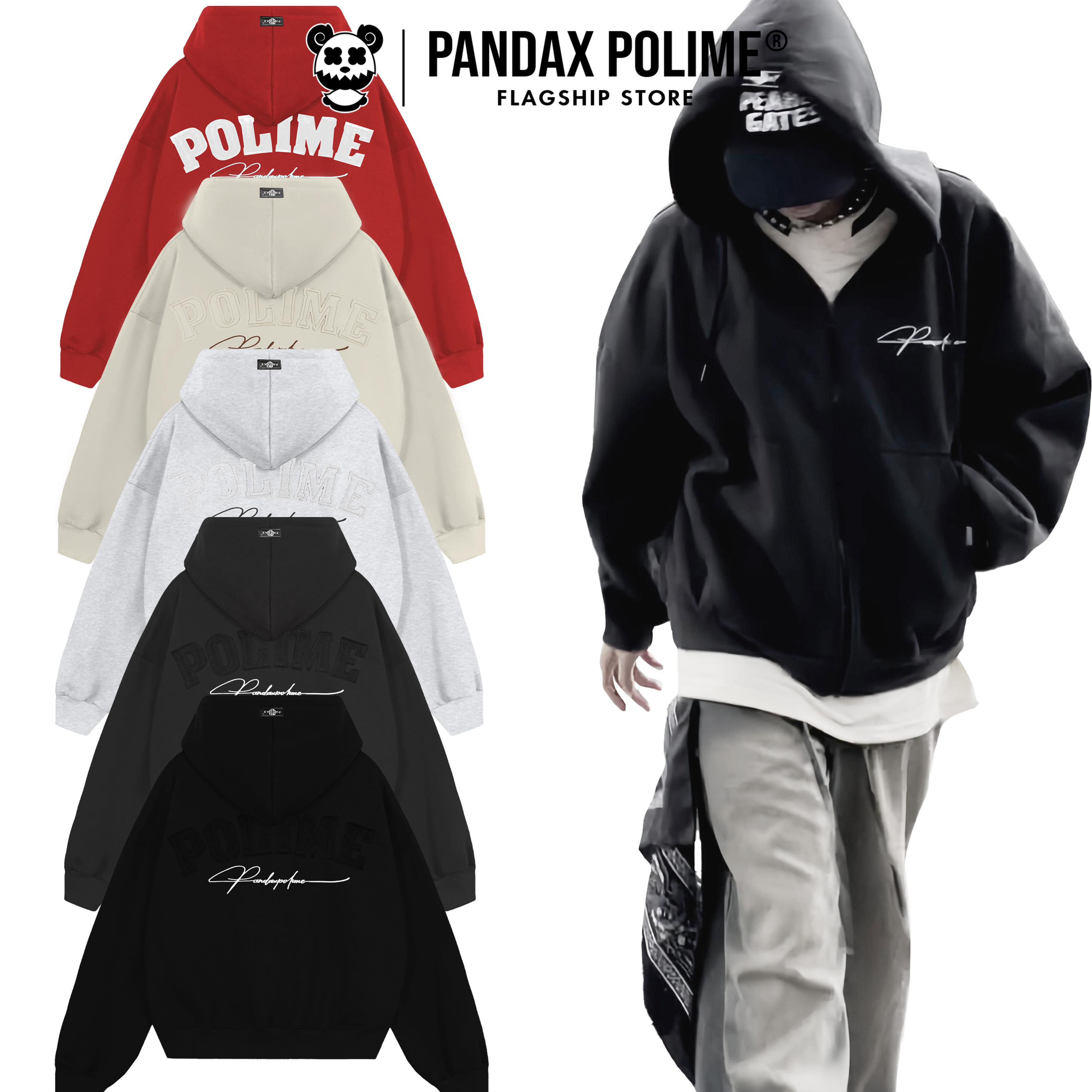 Hoodie boxy zip local brand PANDAX POLIME vải 2 da áo khoác nỉ hai lớp khoá kéo chống nắng form rộng ngắn nam nữ Polime Hoodiezip Signature