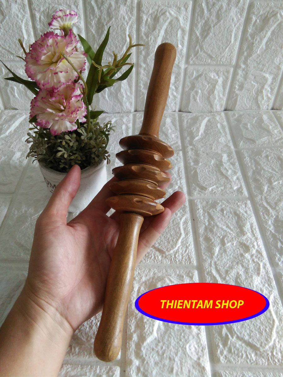 Cây lăn massage toàn thân hai tay nắm bằng gỗ Bách Xanh quý 5 bánh lăn - MX5B