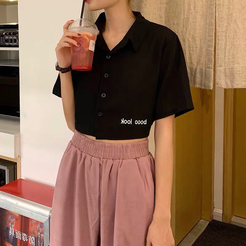Áo croptop cổ bẻ thêu viền xinh xắn