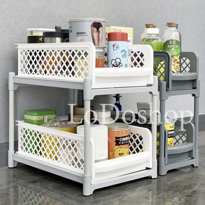 Kệ gia vị nhà bếp đa năng 2 tầng có ngăn kéo - Đồ dùng nhà bếp nhà tắm phòng ngủ tiện lợi - Kệ để gia vị mắm muối chai lọ