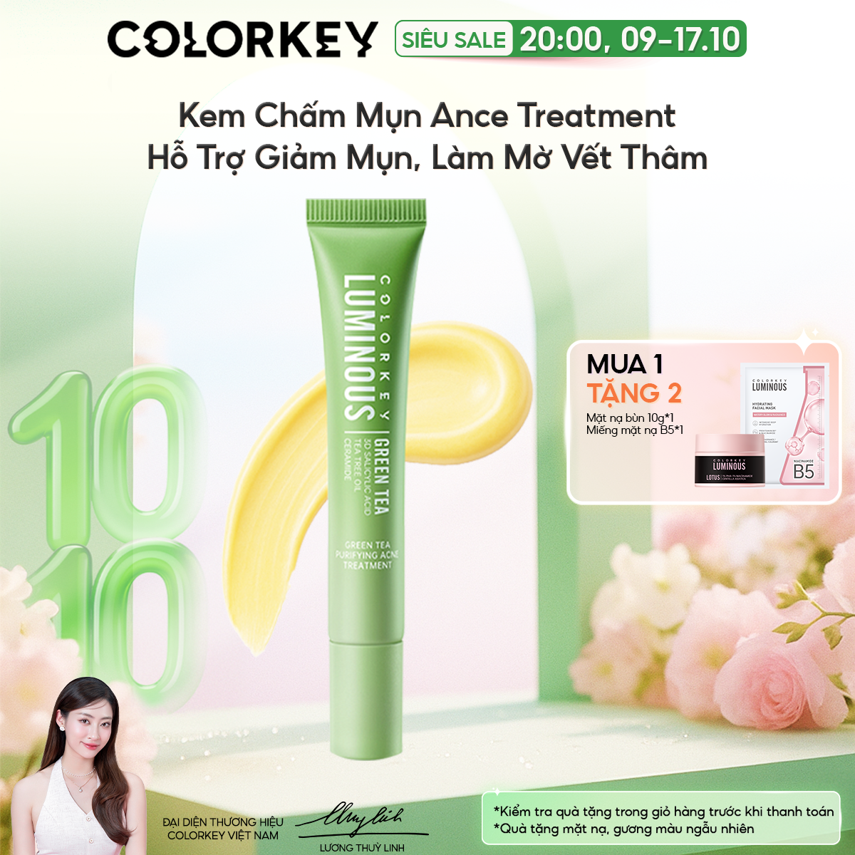 Kem Chấm Mụn COLORKEY LUMINOUS GREEN TEA PURIFYING ACNE TREATMENT Giúp Làm Dịu Và Mờ Mẩn Đỏ, Ngừa Mụn Tái Phát, Hỗ Trợ Làm Mờ Thâm Mụn 20g