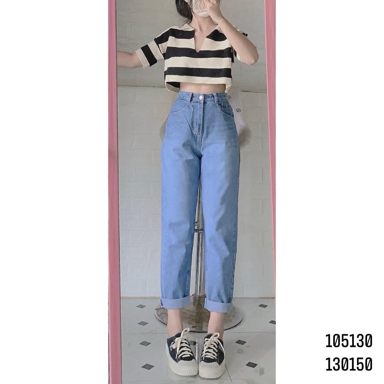 Set baggy jeans lưng cao trơn + crop cổ trắng sọc