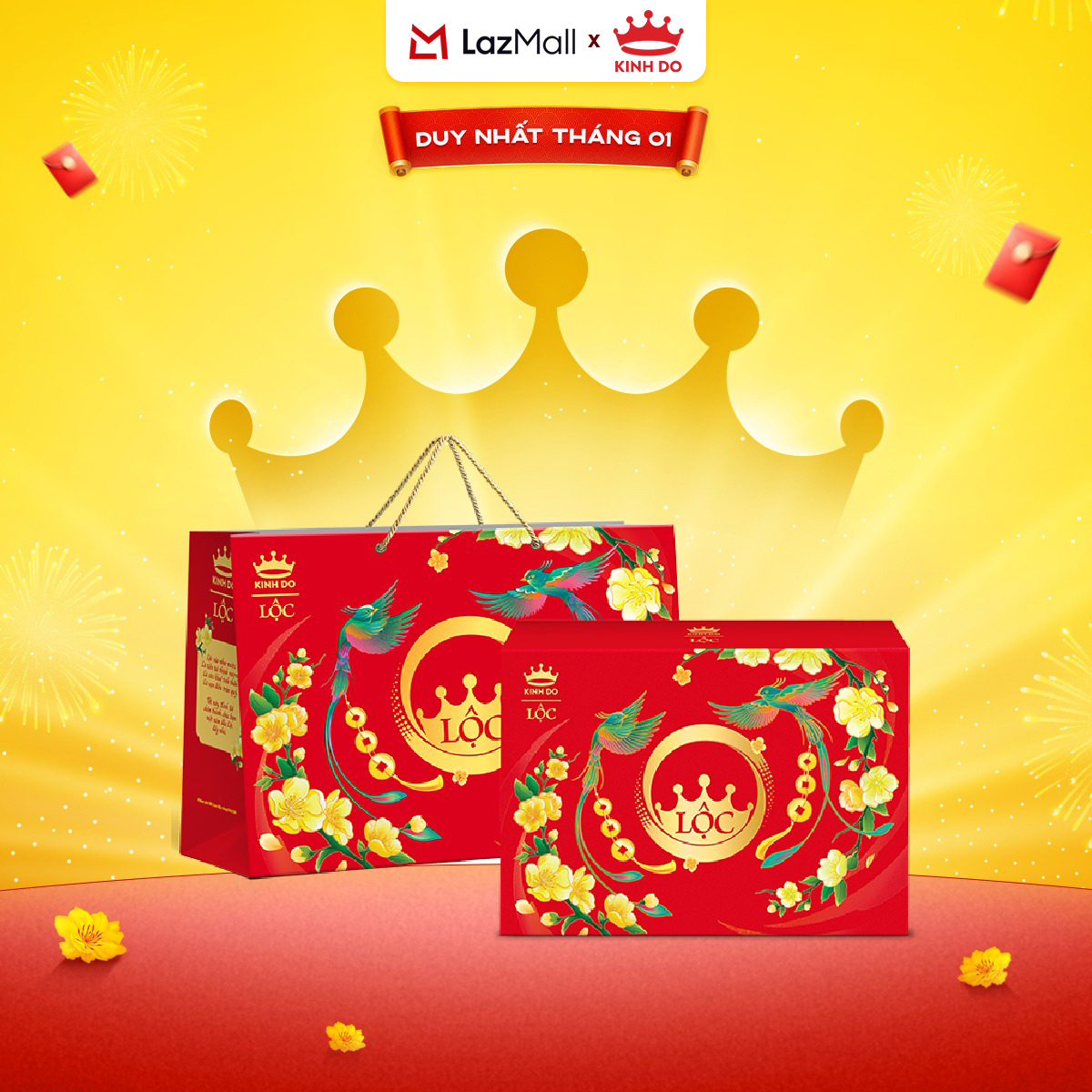   CÓ TÚI GIẤY  BỘ QUÀ BÁNH TẾT KINH ĐÔ LỘC PHÚ QUÝ ĐỎ VÀNG - HỘP GIẤY 795G 