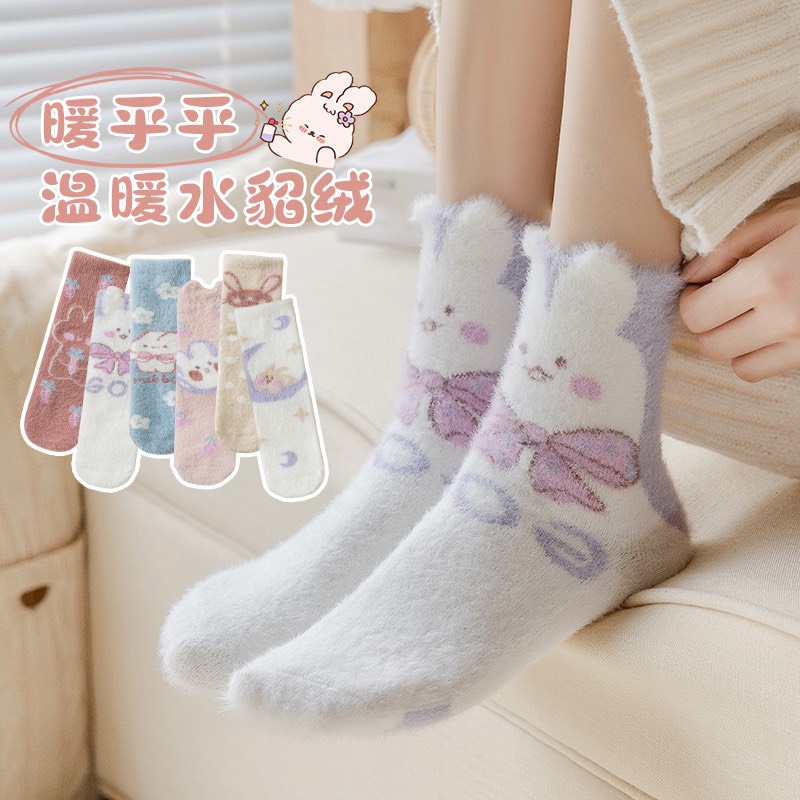 TLB26 Tất vớ nữ cao cổ lông cừu vớ nhung dày giữ ấm thêu hoạt hình cute dễ thương