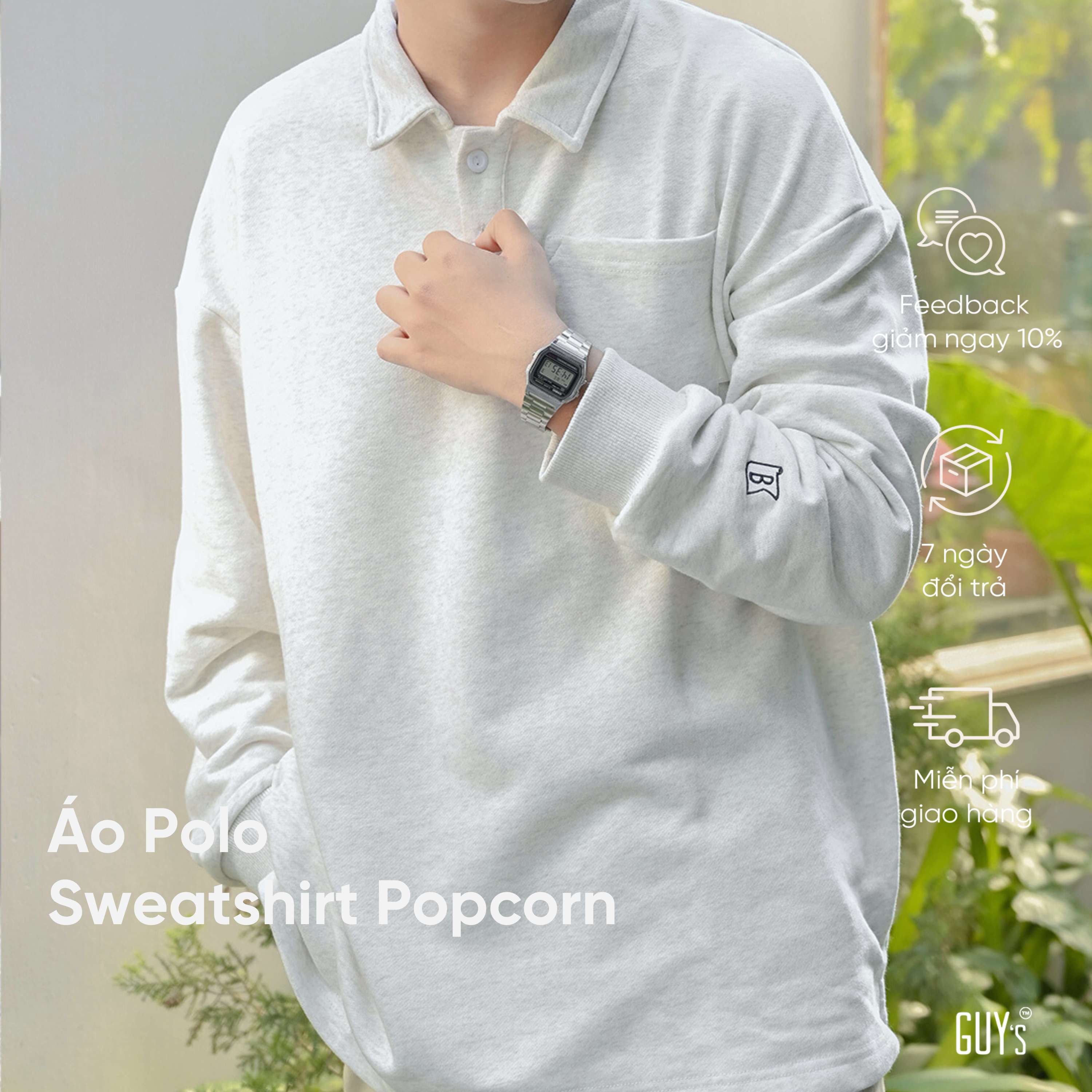 Áo polo popcorn dài tay có cổ basic unisex guy's closet - áo sweater polo chất nỉ da cá mềm mại giữ nhiệt, form regular