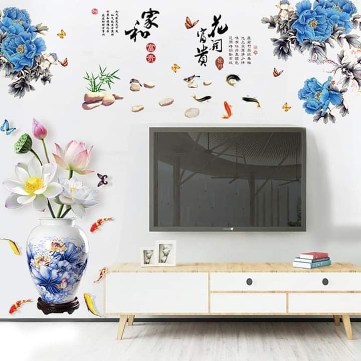 Decal dán tường Tết Bình hoa sen và mẫu đơn xanh