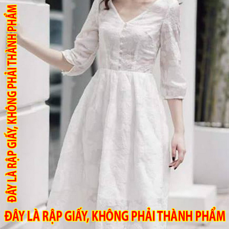 Rập giấy dc001 - đầm midi cài khuy, tay lửng, cổ u nhọn