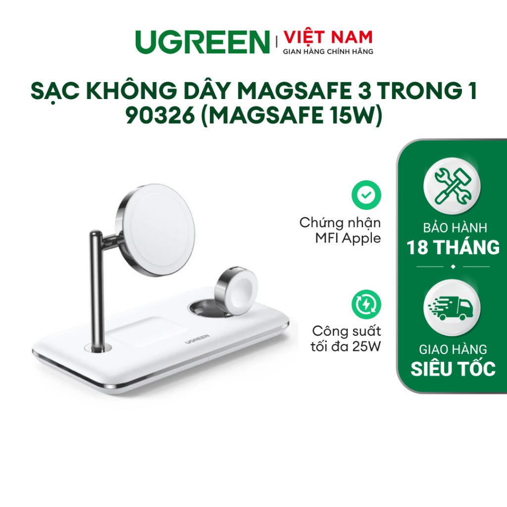 Sạc không dây MagSafe 3 trong 1 Ugreen CD278 | Chứng nhận MFi | Bộ sạc không dây 25W | Bảo vệ đa chế