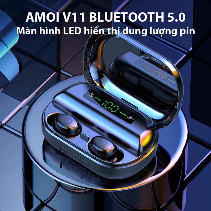 Tai nghe bluetooth amoi V11 - Cảm ứng vân tay, Chống nước tuyệt đối, Cốc sạc kiêm sạc dự phòng, Tự động kết nối, Âm thanh Siêu Bass - Tai nghe khong day hay hơn amoi F9,v9,v10,v12,i7s,i9s,i11,i12 - Tonoto Shop