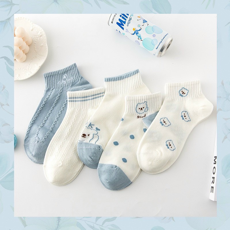 Combo 5 đôi tất gấu xanh lợt cổ ngắn cho các bạn nữ