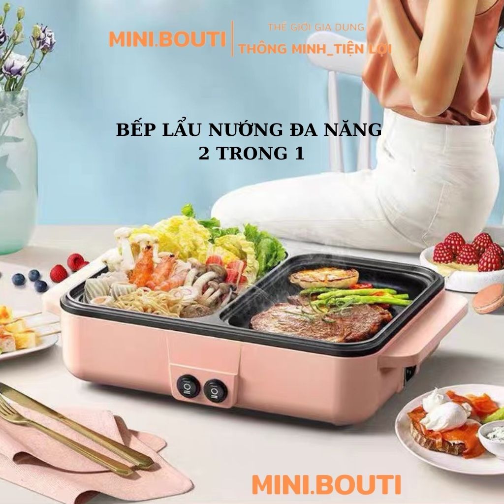 Nồi lẩu mini, bếp lẩu nướng 2 trong 1 đa năng bếp lẩu nướng đa năng nồi lẩu 2 ngăn điện