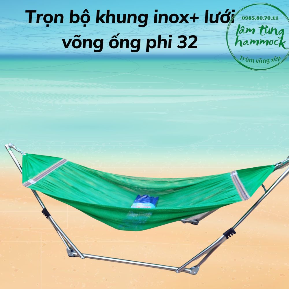 Khung võng xếp inox cao cấp ống phi 32 dày kèm lưới võng