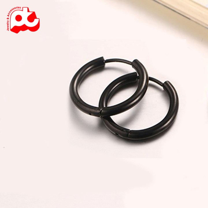 Bông tai nam inox kiểu khoen tròn màu đen thép không gỉ HSBTNA157