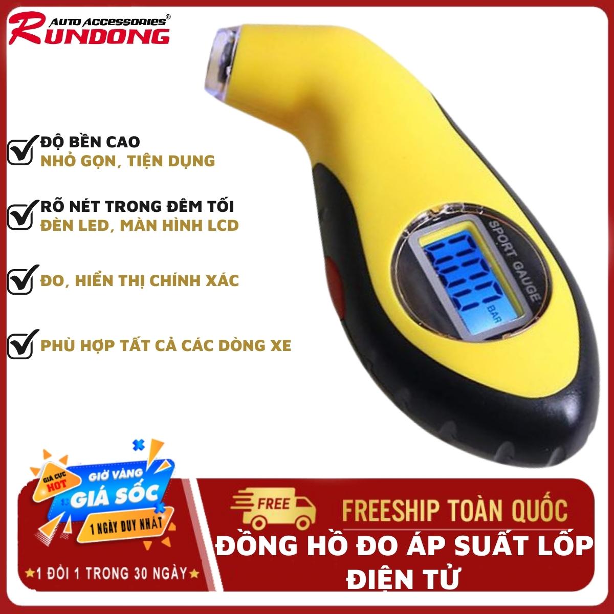 (HCM Freeship) Đồng hồ đo áp suất lốp xe ô tô điện tử độ chính xác cao Rundong, chuyên dụng cho ô tô, xe máy, nhỏ gọn, tiện dụng, màn LCD, đèn LED,