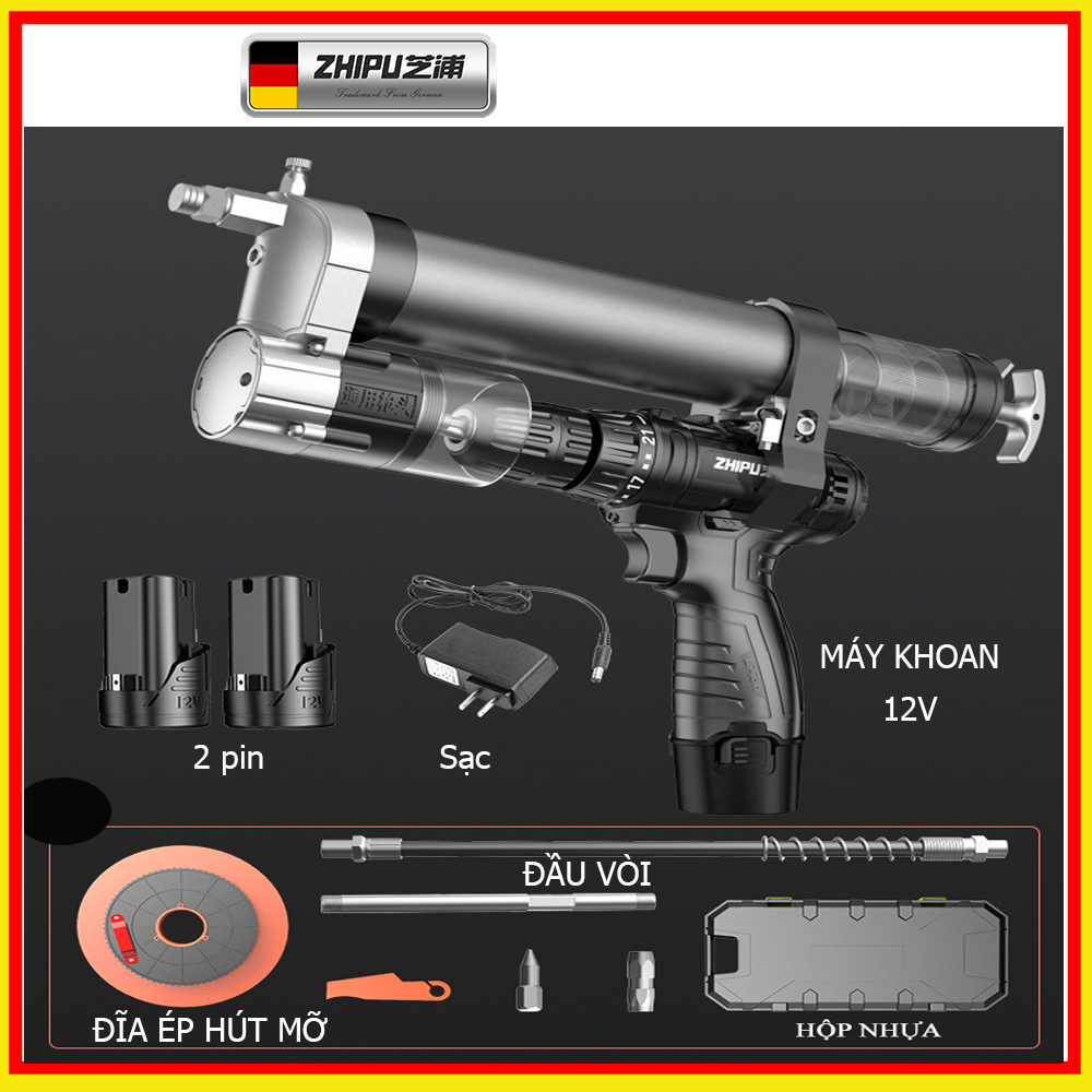 Bơm mỡ pin 900cc có thể tháo lắp rời - sử dụng 2 chức năng mỡ sâu và mỡ nhồi - bơm mỡ bò với máy khoan - zhipu - thương hiệu đức