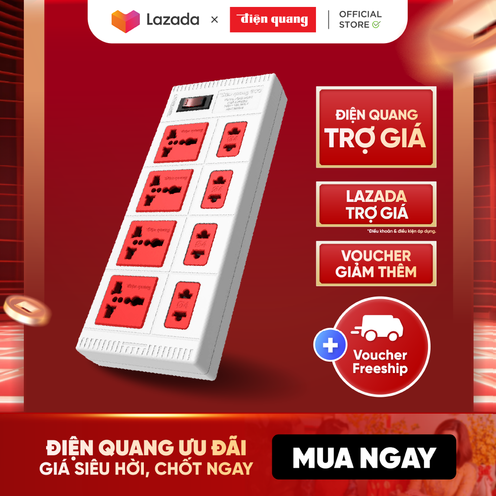 Ổ cắm điện đa năng Điện Quang ECO ĐQ ESK 5WR 8ECO (8 Lỗ, dây dài 5m, màu trắng đỏ) công suất 2500W, tự ngắt khi quá tải, BH 12 tháng