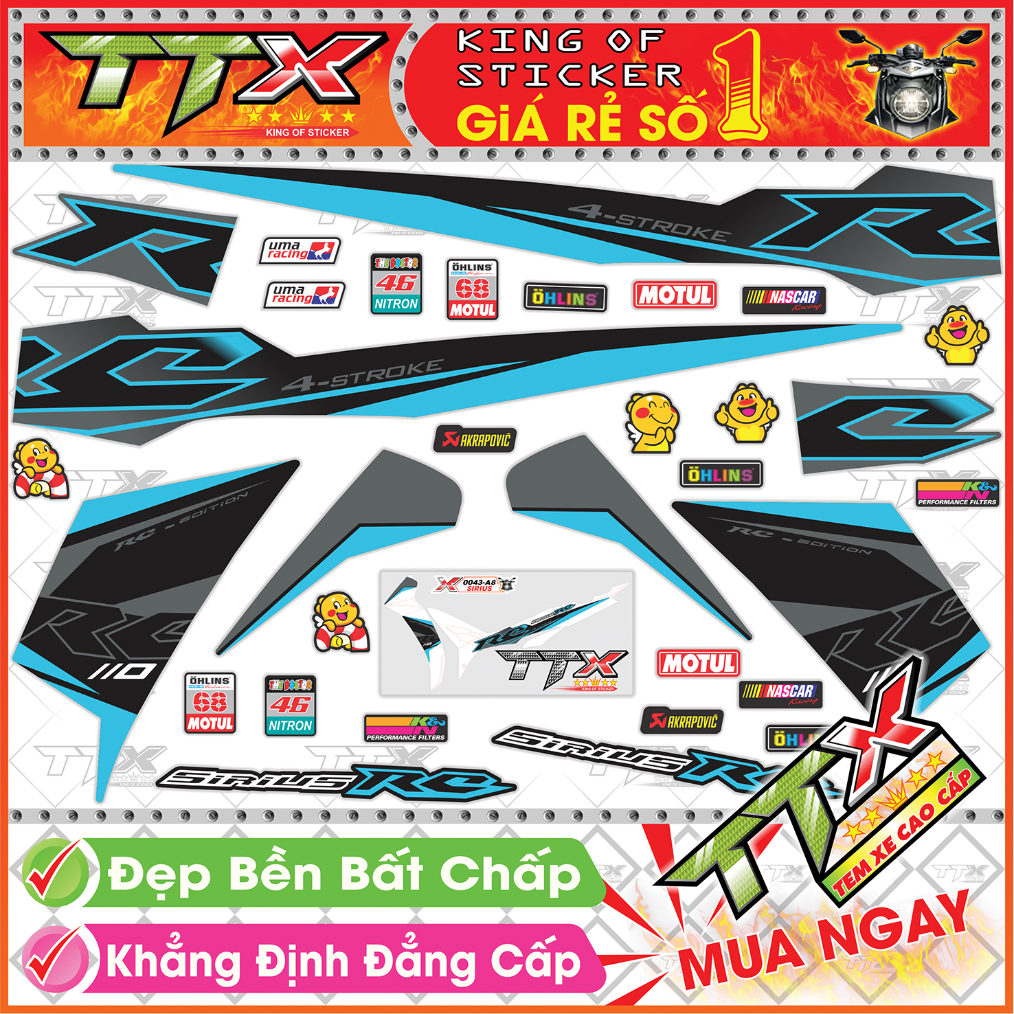 Tem Xe Sirius 110 RC Xám Xanh Đen - Tem Sirius RC Đen Xám Xanh Siêu Đẹp - Mẫu Team Sirius Xám Xanh Đen