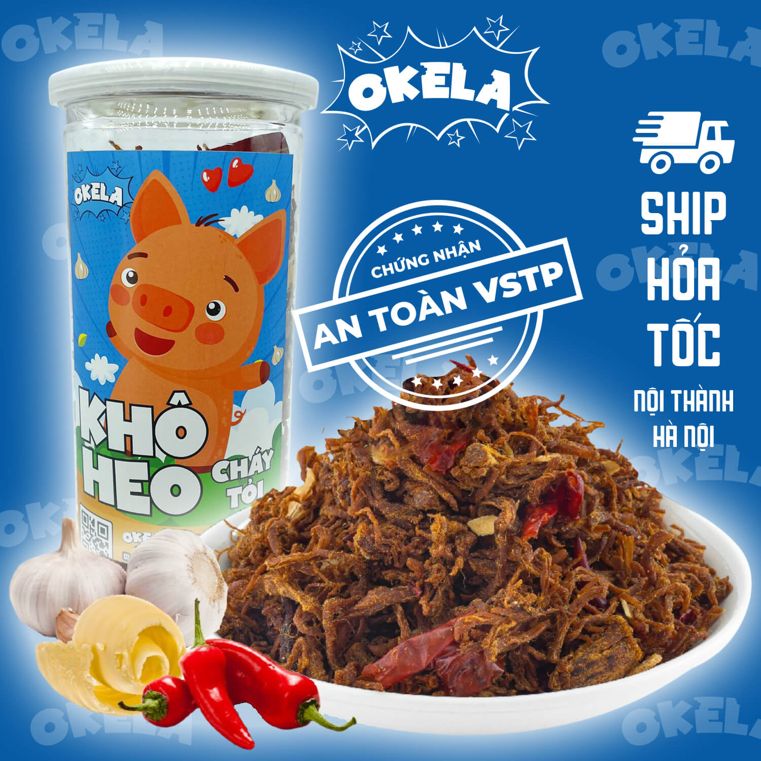Khô heo cháy tỏi Okela hộp 280g siêu ngon đồ ăn vặt Hà Nội