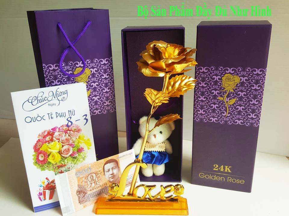 combo Hoa hồng mạ vàng 24k có đế chữ Love +gấu+thiệp. Qùa tặng các dịp lễ,sinh nhật,Valentine,tặng thầy cô.