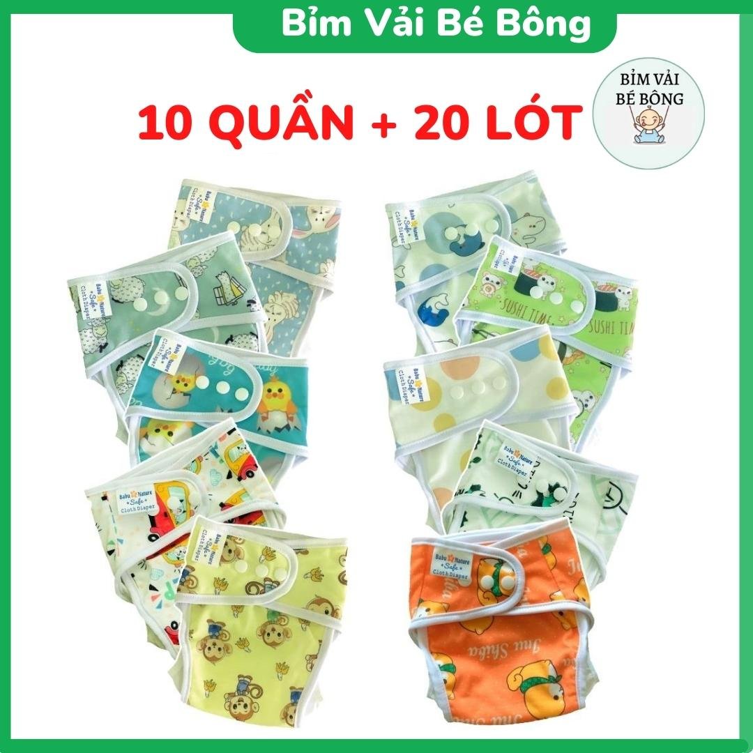 10 QUẦN+20 LÓT_Combo 10 Bộ Bỉm Vải, Tã Vải Babu Nature Chống Hăm, Chống Tràn, Có Thể Giặt Được Và Tái Sử Dụng, Size M, L