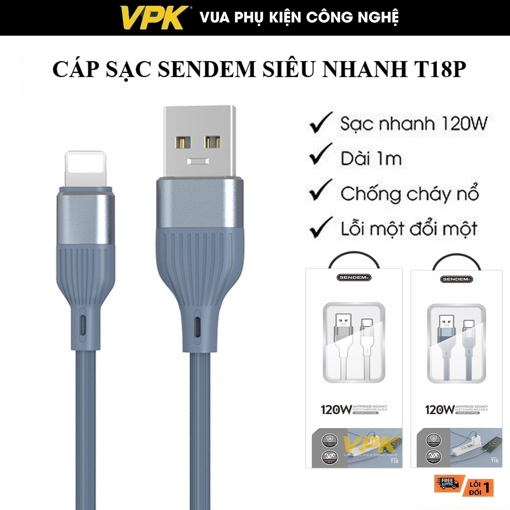 Cáp sạc nhanh 120w, sendem t18p 6a, siêu dai, siêu bền cho máy 8p-14 pro max t18p
