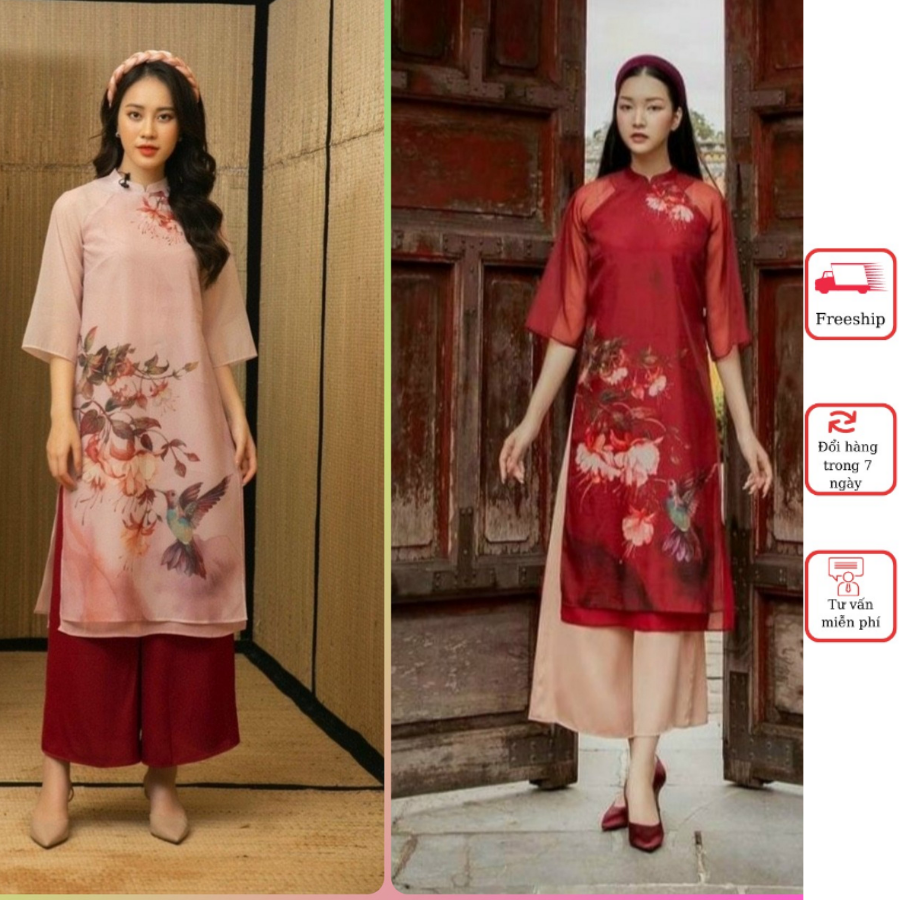 Áo dài nữ [𝐋𝐢𝐢𝐧] Áo dài truyền thống cách tân màu hồng đỏ có hoa văn cực tôn dáng cho nữ chất vải tơ óng cao cấp AD14