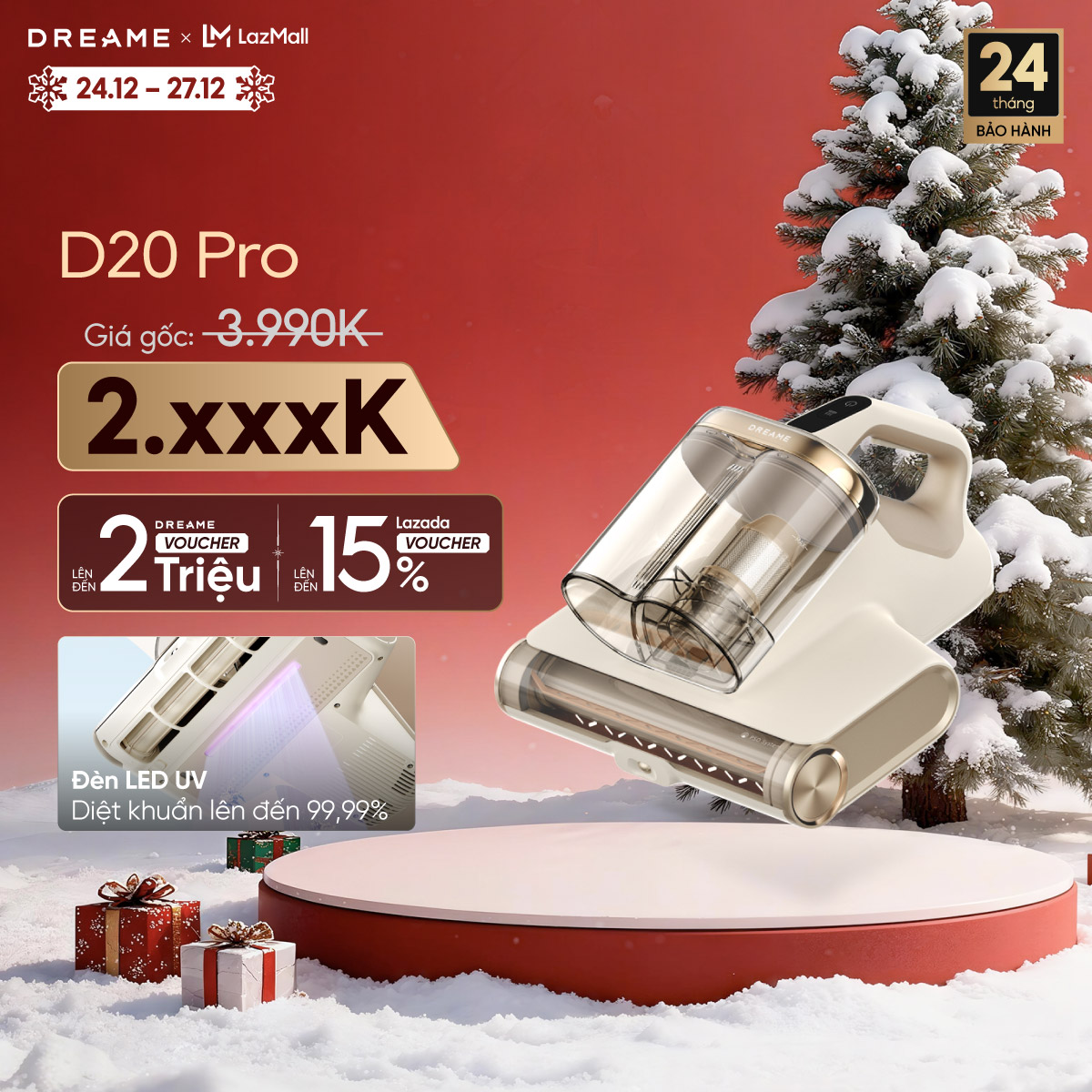  Máy hút bụi giường nệm diệt khuẩn UV lọc bụi mịn Dreame D20 Pro- Bản quốc tế - Bảo hành 24 tháng 