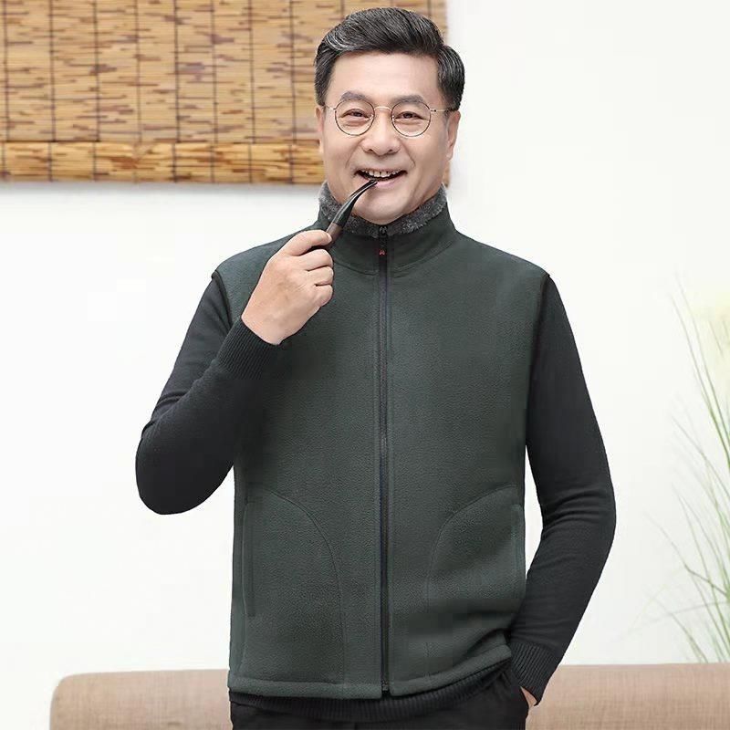 Áo gile trung niên và cao tuổi áo khoác lông cừu mùa thu đông cho nam áo gile giữ ấm lót nhung dày dặn trang phục bố cổ đứng áo gile không tay