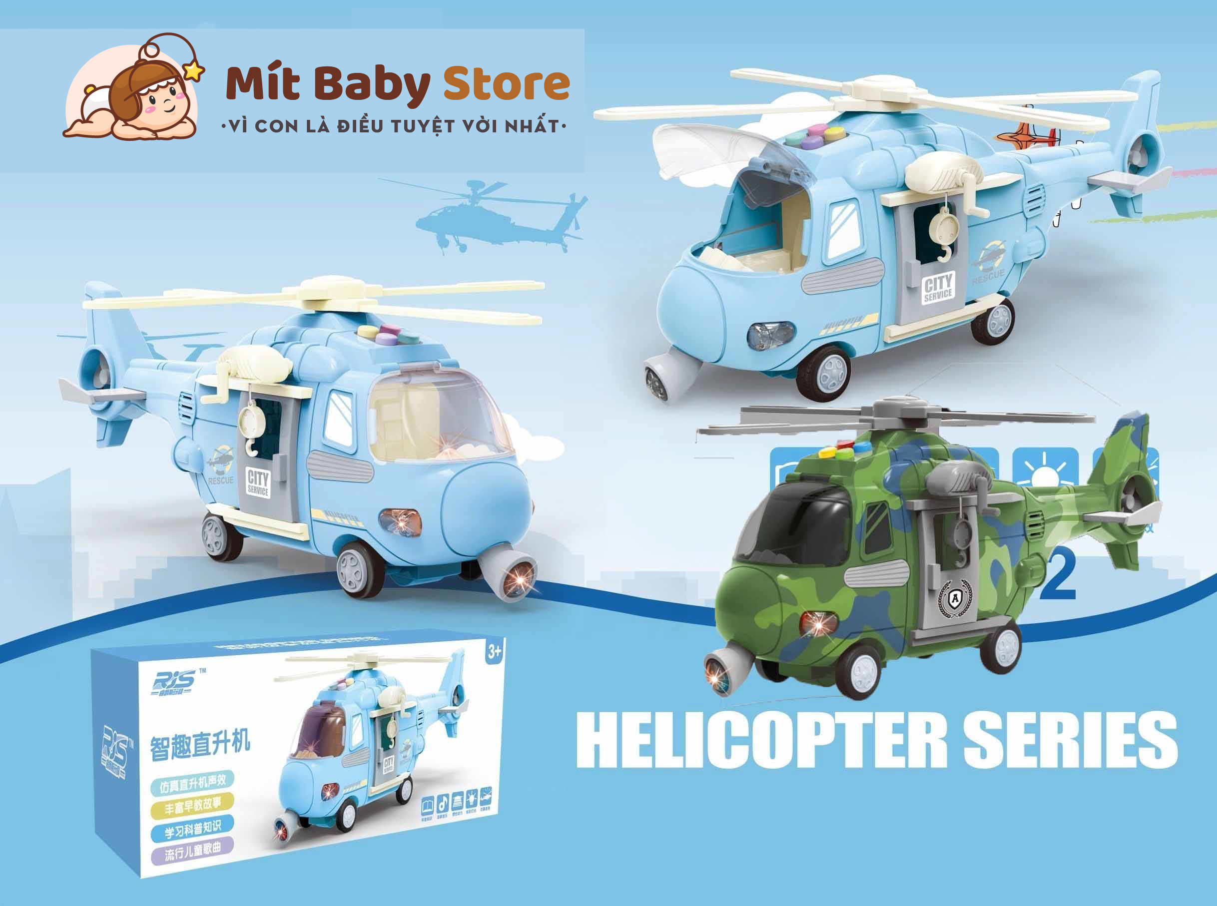 Bộ đồ chơi máy bay biến hình cho trẻ em, đồ chơi trực thăng có nhạc có đèn cho bé