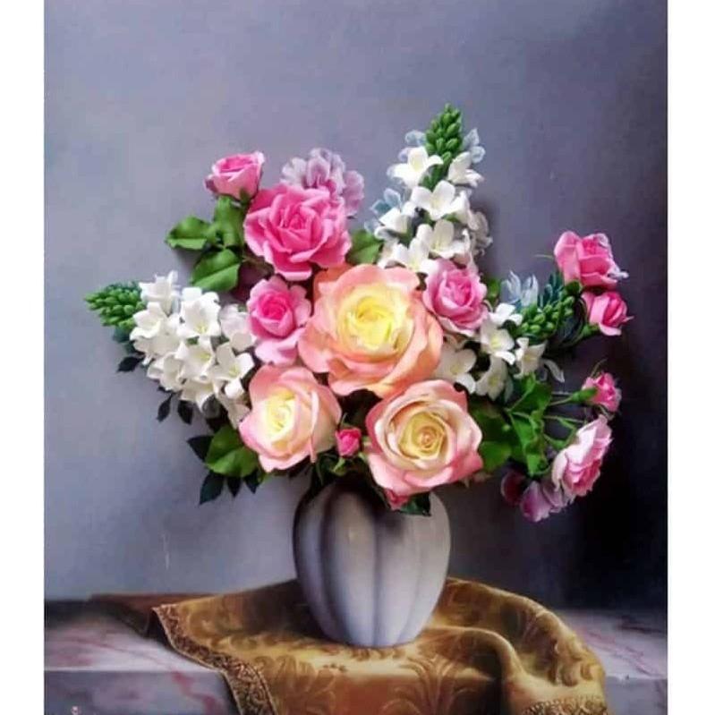 tranh thêu chữ thập 3D bình hoa hồng LV3047_50*59cm