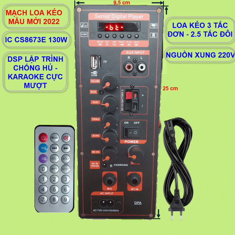 Mạch loa kéo dsp lập trình chống hú ic cs8673e công suất 130w có nguồn xung 220v - karaoke và guitar điện