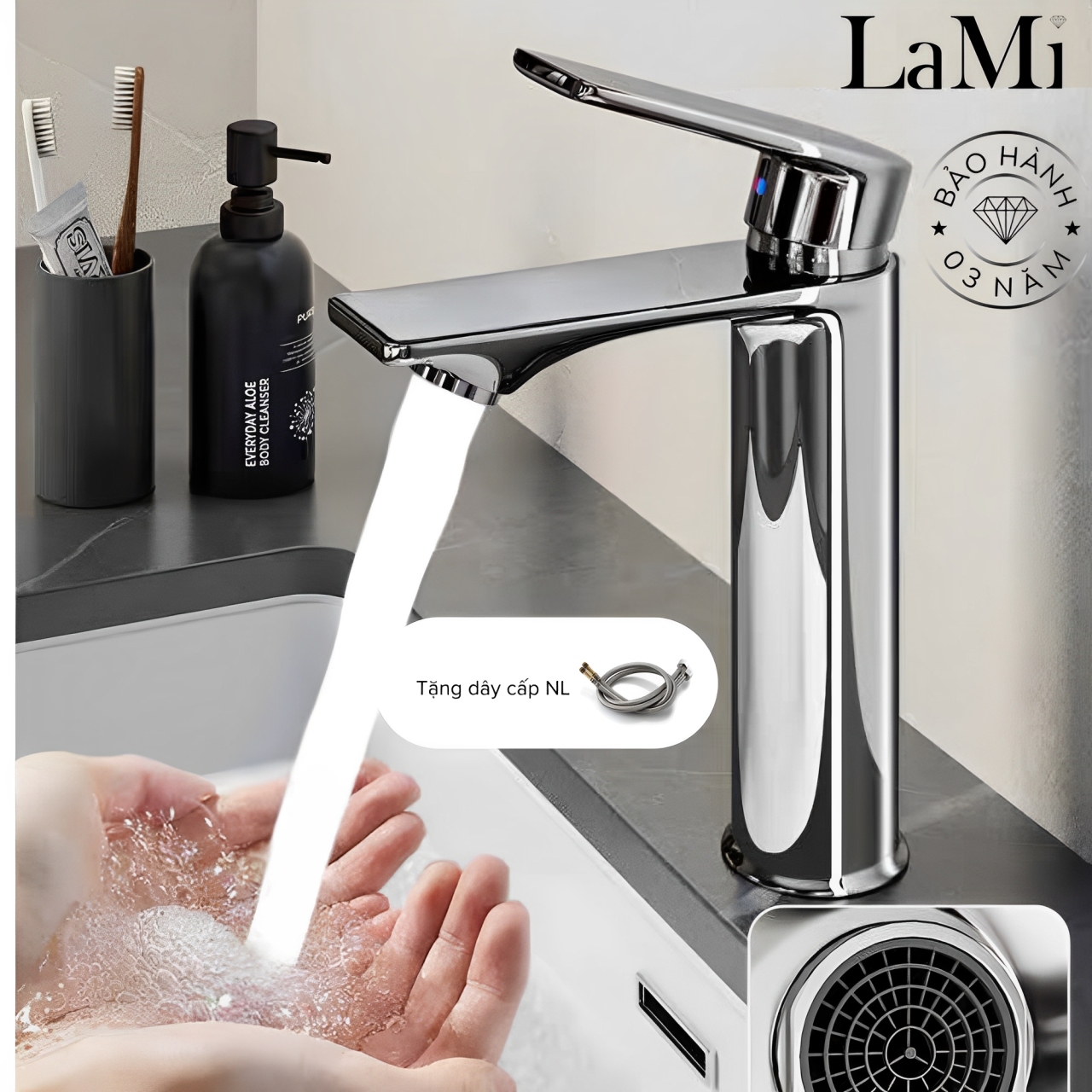  Vòi Lavabo Vòi Nước Nóng Lạnh Bồn Rửa Mặt Inox 304 Mạ Crom Sáng Bóng Chân Đồng Thau Cao Cấp Lami 