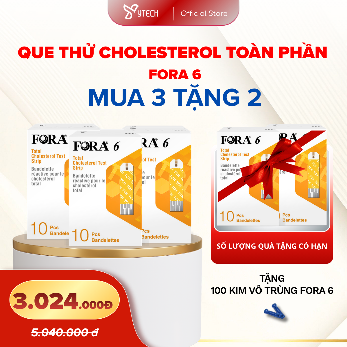 [YTECH] Mua 3 Tặng 2 | Que Thử Mỡ Máu Cholesterol FORA 6 (5 Hộp) + 100 Kim Vô Trùng Fora 6