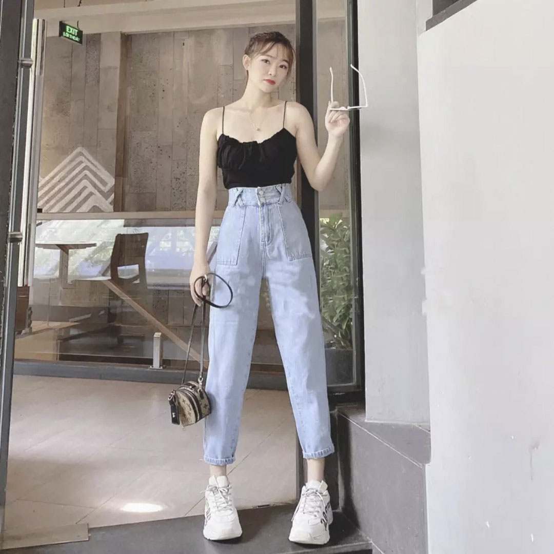 [HCM]QUẦN BAGGY JEAN NỮ CAO CẤP (ONE SIZE LÀ ÁO THUN NỮ) LƯNG CAO 2 NÚT ĐAI CHÉO TÚI NỔI BẢNG TO THỜI TRANG THUYDIEUSHOP9 BG11