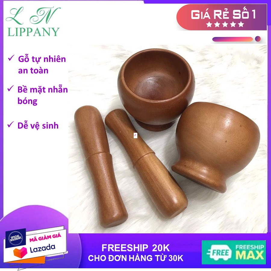 Bộ chày cối gỗ hình lu tiện dụng trong nhà bếp - bộ chày giã, cối gỗ cao cấp