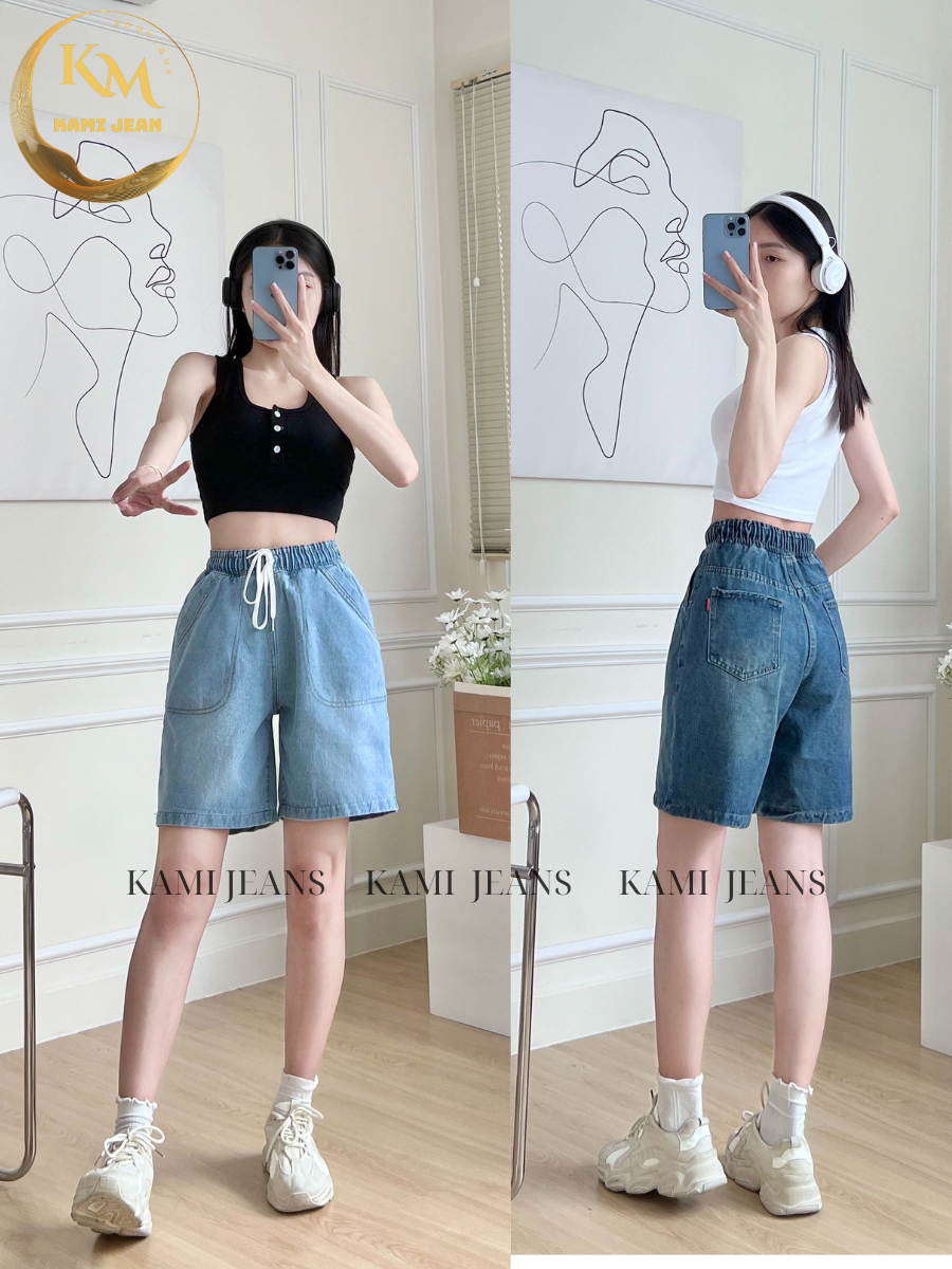 Quần bò jean nữ lưng chun,quần đùi nữ lưng cao dây rút siêu xinh